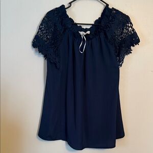 DAVI & DANI Navy Lace Accent Blouse